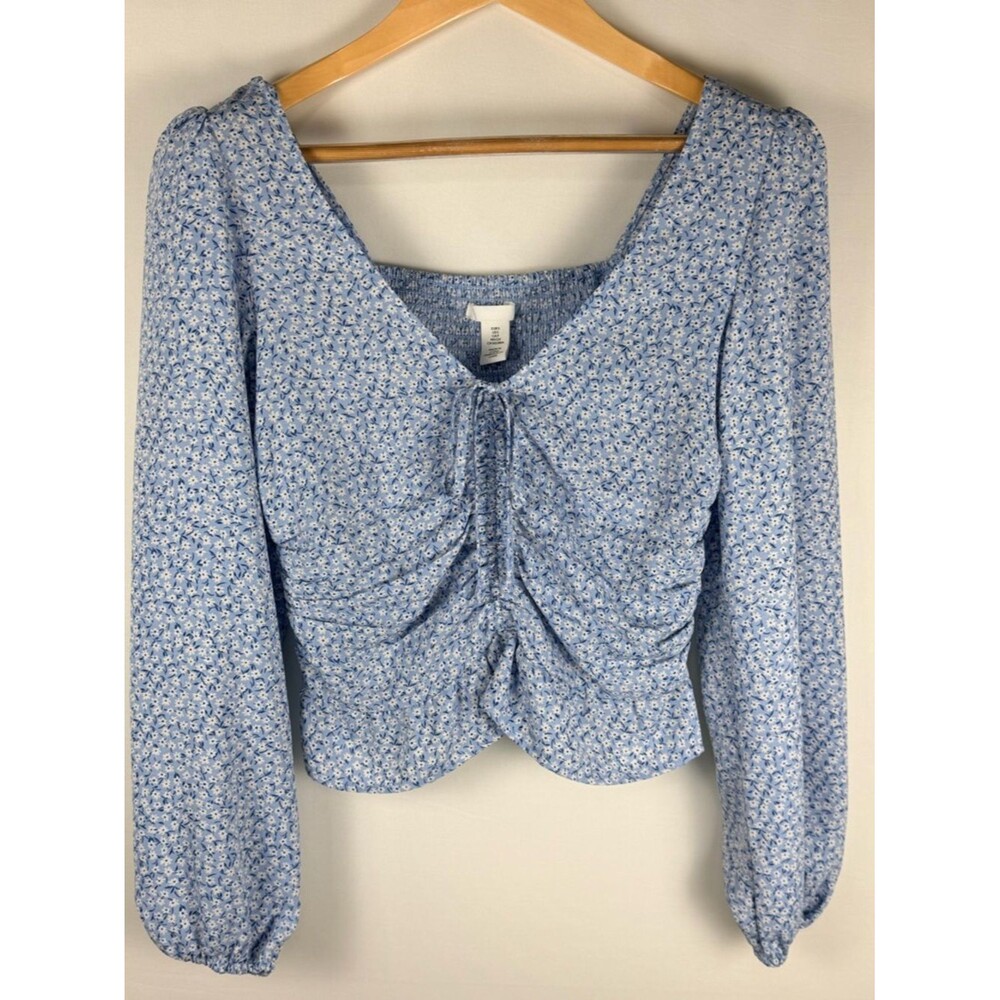 H&M Blue Ditsy Floral Ruched Tie Front Crop Top Smocked Back Coquette Small Boho